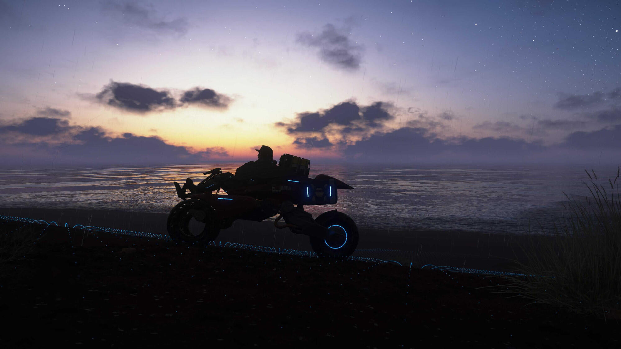 Two Magic the Gathering cards on a playmat. One is Lumbering Falls, a land card. The other is The Eternity Elevator, a Legendary Artifact (Spacecraft).